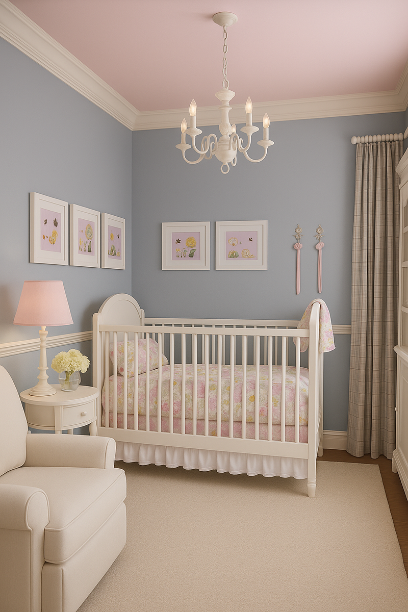 Blue gray nursery with a soft pink ceiling featuring a white crib, floral bedding, plaid curtains, and classic feminine nursery decor