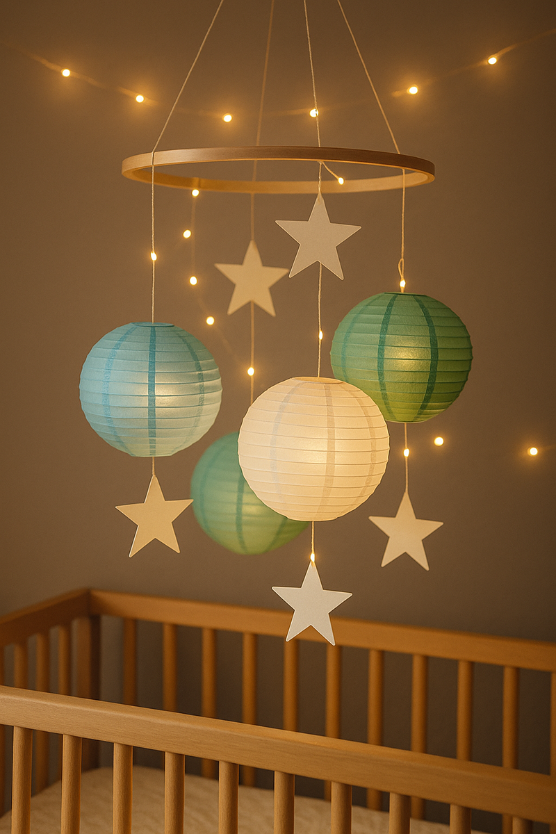 Close-up of blue, green, and white paper nursery lanterns and stars hanging from a wooden hoop over a baby crib, softly glowing with warm fairy lights