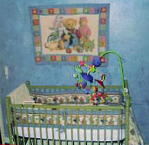 Baby boy's teddy bear nursery theme with blue jean denim blue wall painting technique.