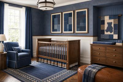 Blue jean teddy bear nursery with denim-effect blue walls and bear crib bedding