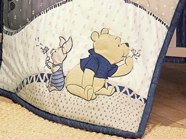 Denim blue teddy pooh bear piglet baby blue and brown moon and stars nursery crib bedding set