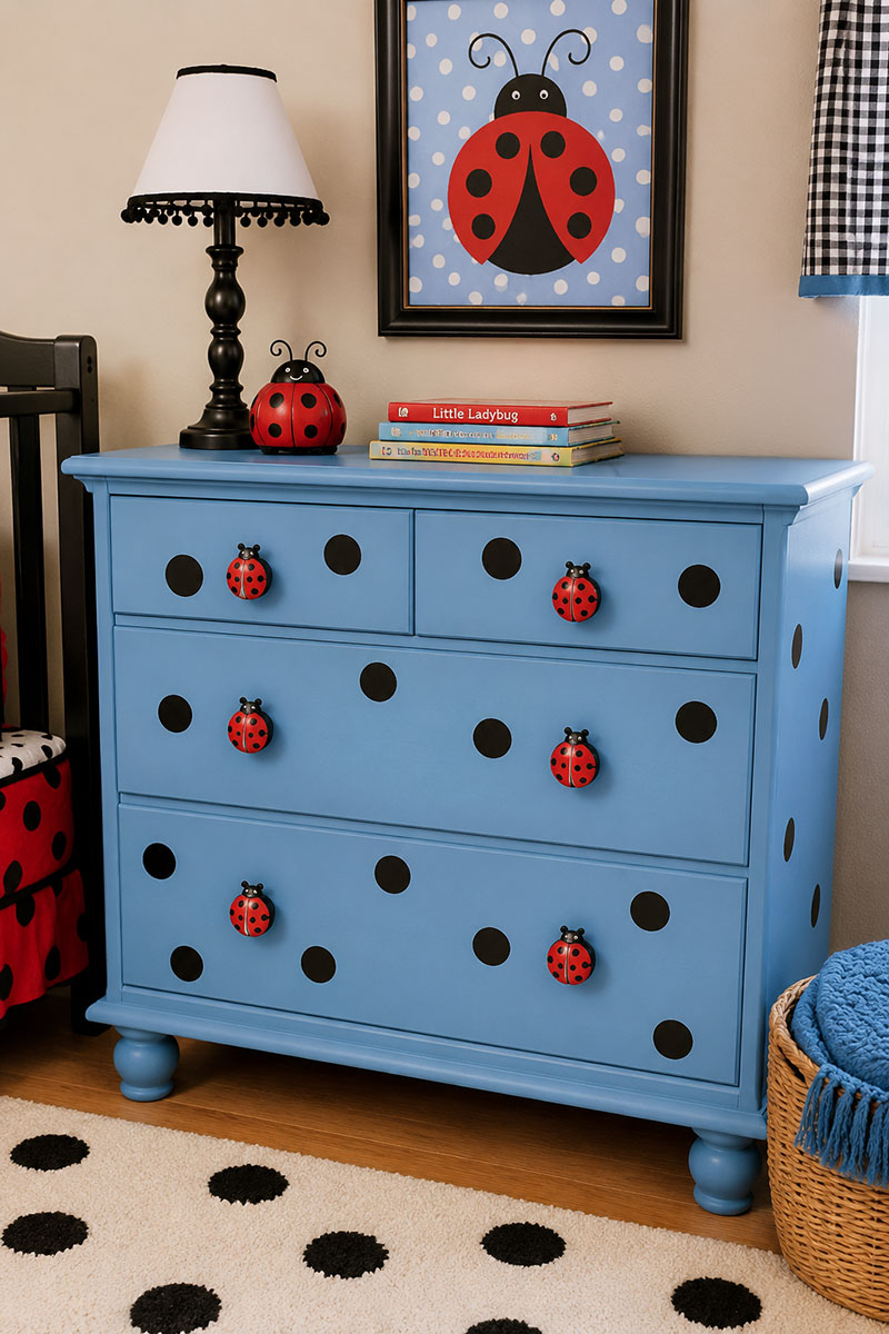 Blue ladybug nursery dresser makeover with painted chest of drawers, black polka dots and custom ladybug drawer pulls
