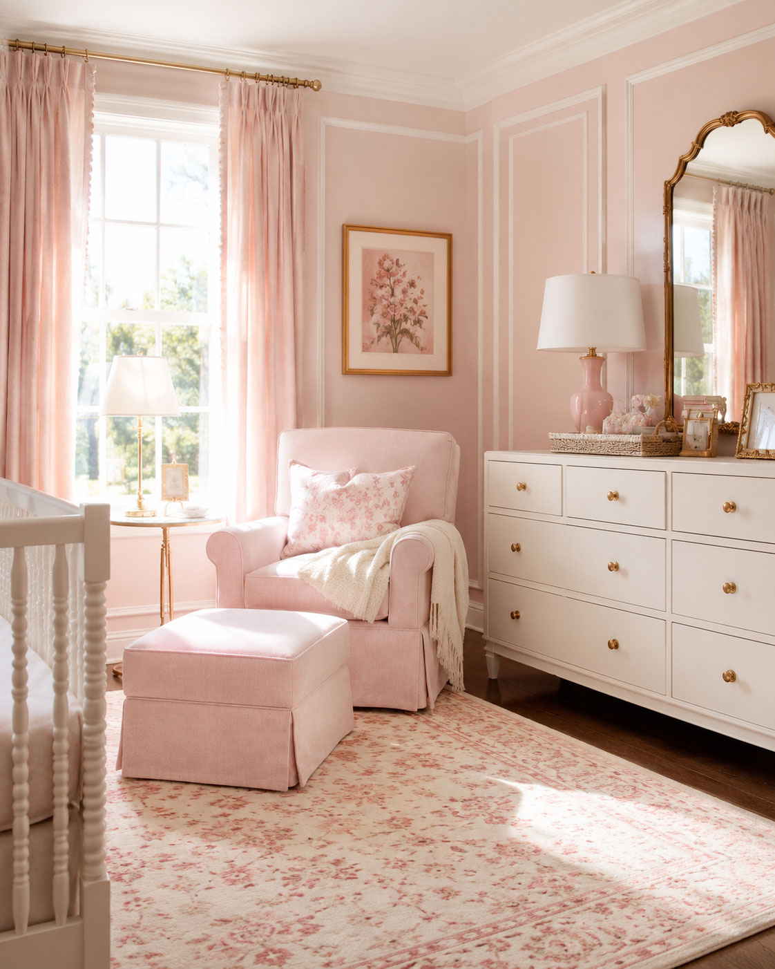 Editorial style blush pink nursery reading corner with white dresser upholstered chair and framed floral artwork