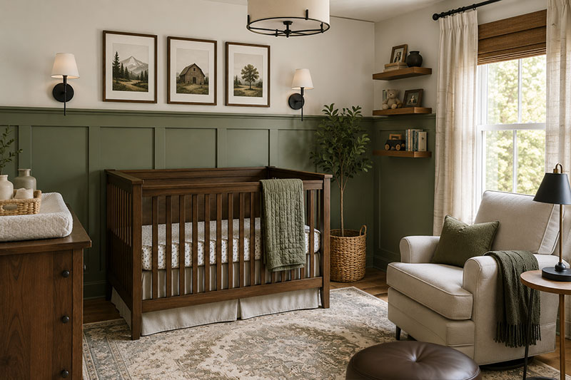 Board and batten sage green boy nursery with natural wood crib, white upper wall and classic nursery furniture