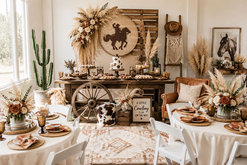 Boho western baby shower with western accents wood details and modern party styling