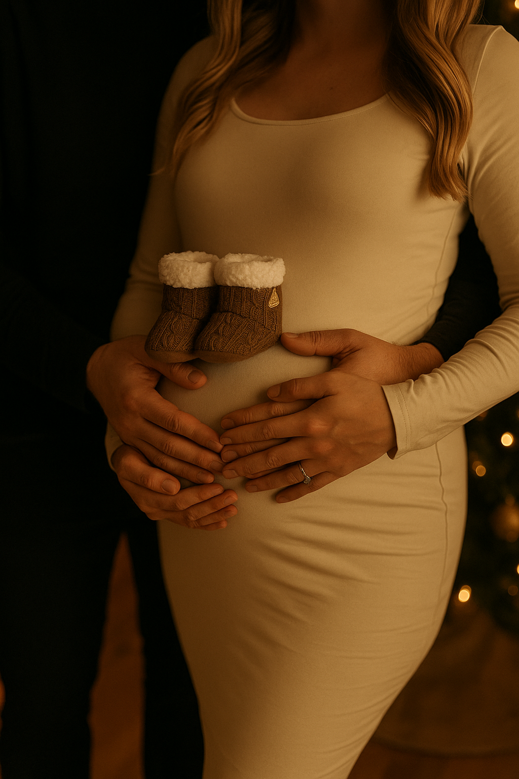 Holiday maternity detail photo with baby booties resting on the bump in warm, soft light.