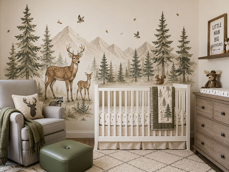 Baby boy nursery with deer wall decals, pine tree decals, mountain forest details, woodland animals, and a white crib