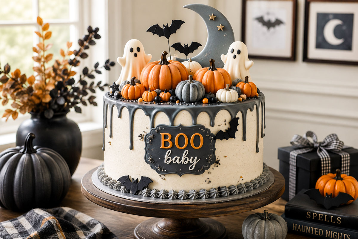 Boy Halloween baby shower cake with BOO baby plaque, charcoal frosting, burnt orange pumpkins, bats and muted blue gray moon