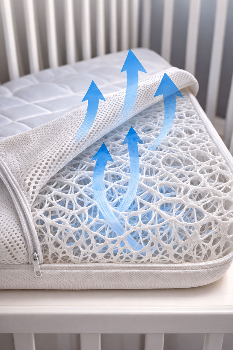 Close-up of an airflow-style breathable crib mattress core showing an open structure designed to move air
