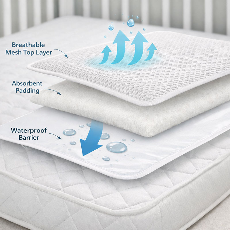 Breathable layered crib mattress protector showing waterproof backing