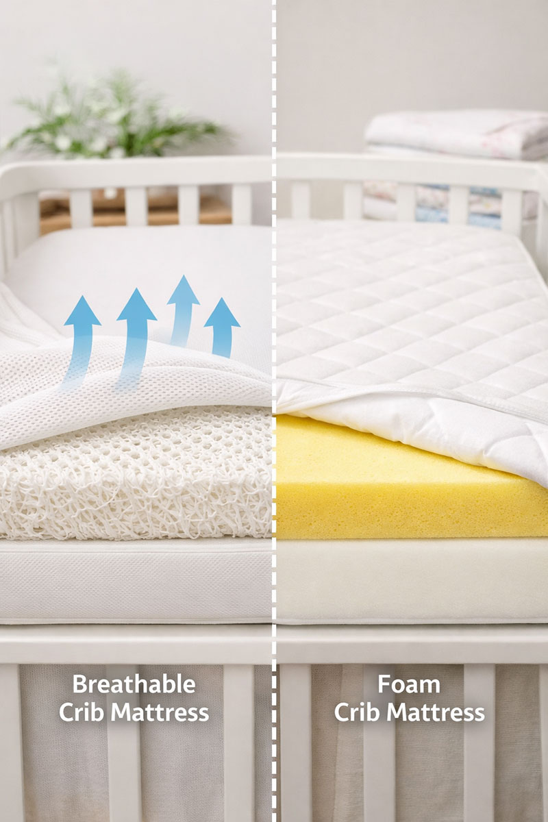 Breathable vs foam crib mattress comparison showing airflow mesh design next to traditional polyurethane foam crib mattress core
