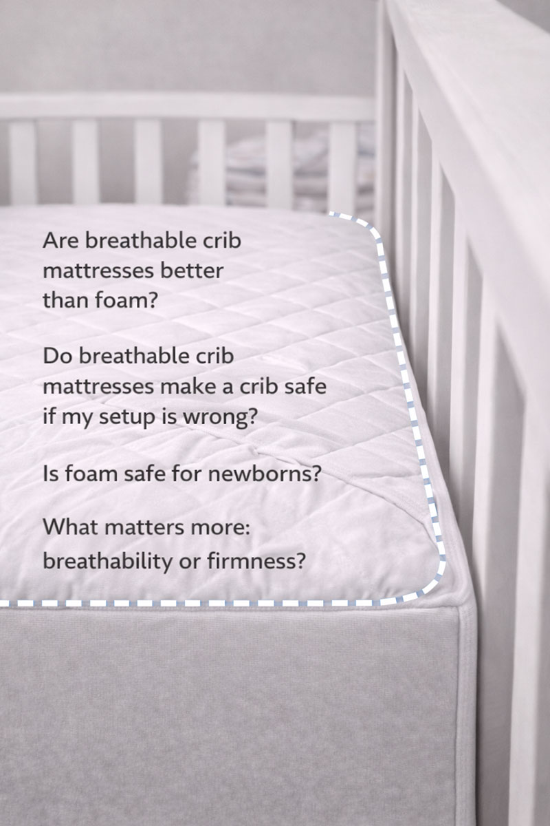 Nursery crib mattress corner with fitted sheet to support common questions about firmness and fit
