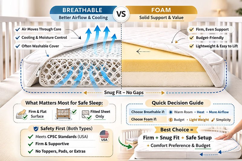 Simple crib mattress comparison image showing airflow-style construction versus a solid foam core
