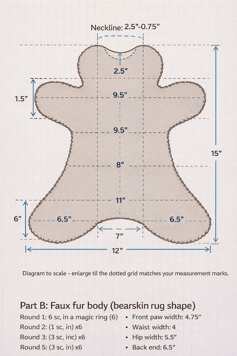Brown baby lovey faux fur bear body pattern diagram for tracing and resizing