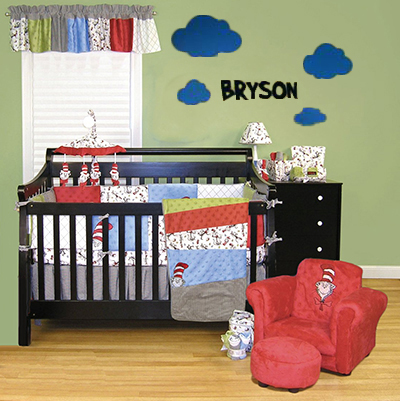 Baby boy Dr Seuss nursery room theme with cloud wall mural