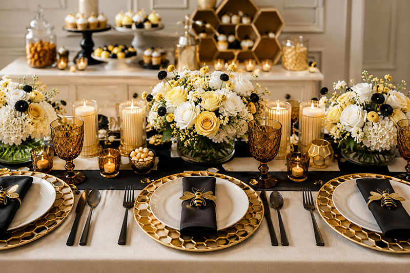 Bumble bee baby shower table setting with yellow linens black ribbon accents and refined bee details