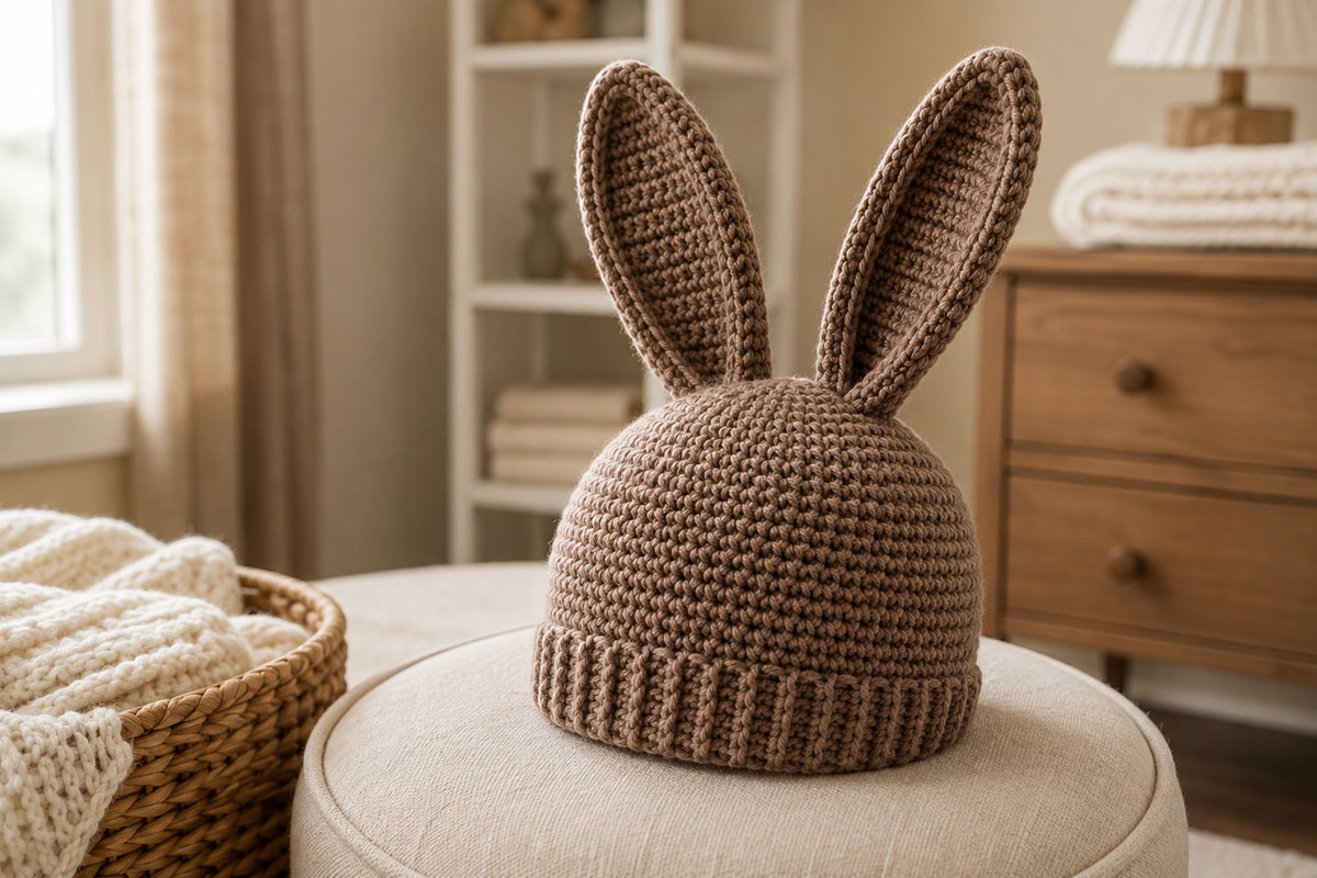Finished smooth yarn bunny ear beanie with tall upright crochet ears and a ribbed brim viewed from a three quarter angle