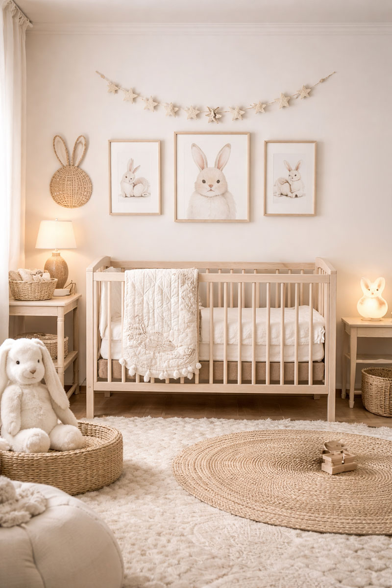 Bunny nursery accessories styled in a soft neutral baby room with plush rabbits, wall art, and gentle pastel accents