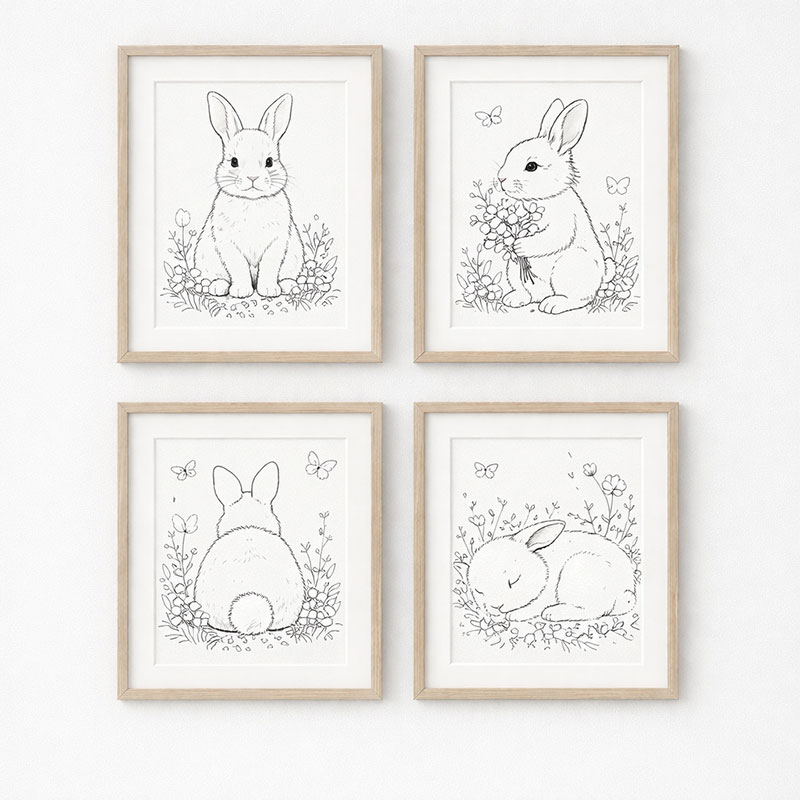 Minimal neutral bunny art with soft line detail for nursery decor