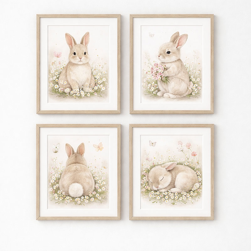 Soft watercolor bunny wall art styled in a neutral nursery