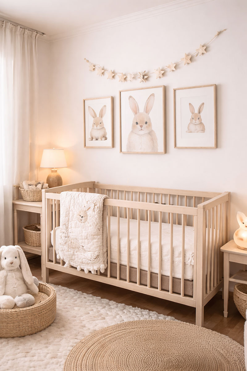 Soft neutral bunny nursery wall gallery above white crib with coordinated rabbit décor