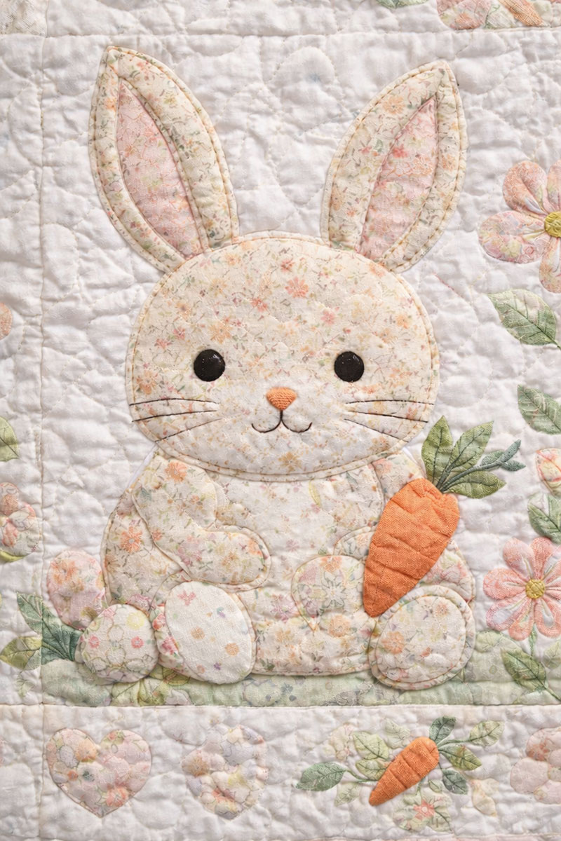 Close up of bunny quilt appliqué template detail with visible stitching texture and neutral cotton fabric