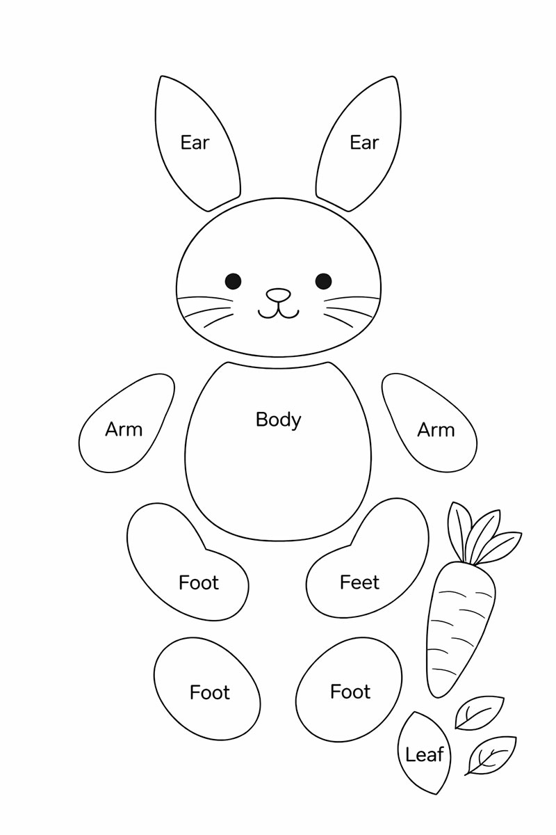 Black and white bunny quilt appliqué pattern template with labeled head, ears, body, arms, feet, carrot, and leaves for printing