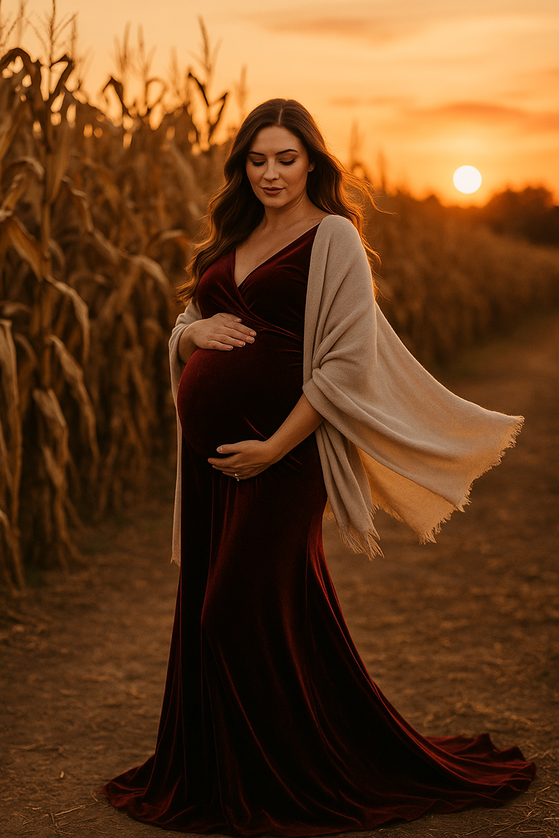 Pregnant woman in a burgundy velvet gown and neutral wrap standing in a field at sunset
