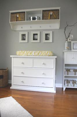 An efficient DIY nursery storage system featuring attractive yet inexpensive woven baskets.