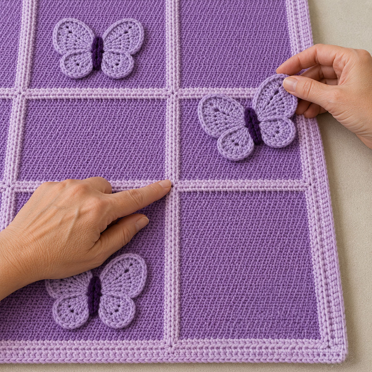 Close view of a dimensional crochet butterfly and joined lavender blanket squares being checked for even seams wing placement and flat framed edges