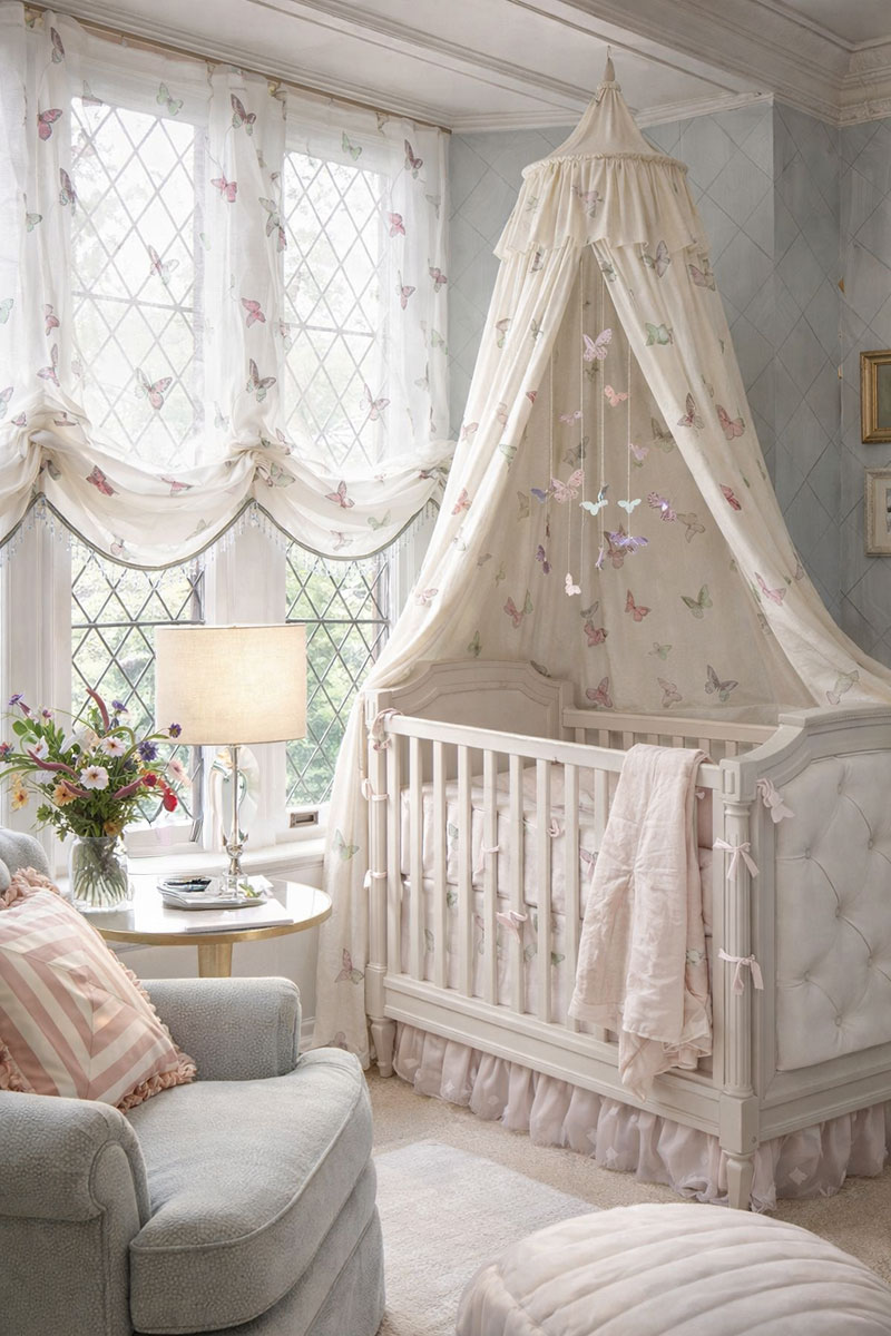 Butterfly baby nursery with sheer butterfly curtains, soft natural light, crib canopy with butterfly print, and upholstered nursery chair