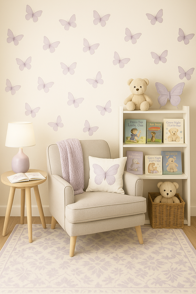Lavender butterfly nursery reading nook with cozy gray armchair, butterfly pillow, lavender throw, bookshelf and plush toys