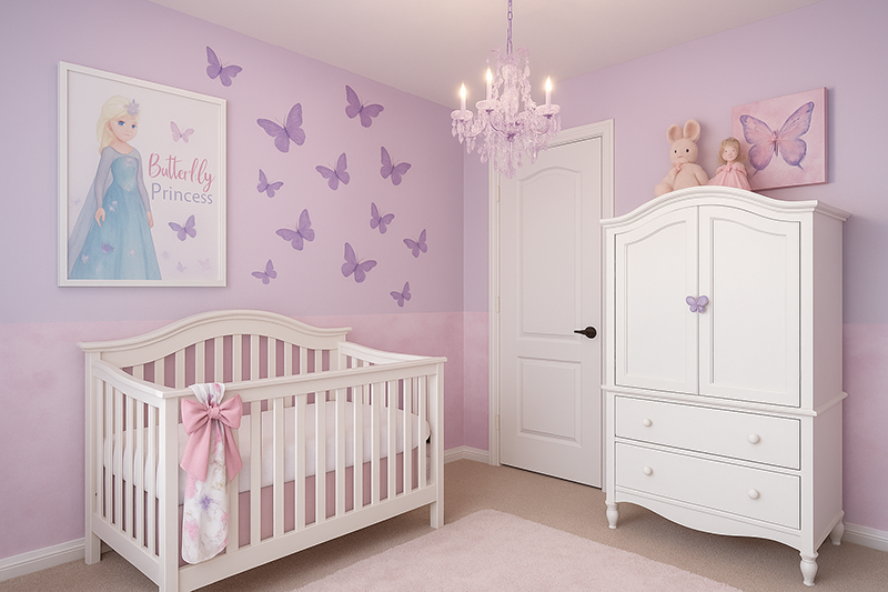 Butterfly princess nursery with lavender walls, pink accents, and a crystal chandelier