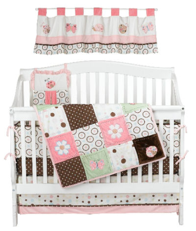 Nojo pink and brown ladybug and butterfly baby bedding nursery crib set mobile fitted sheets and skirt with polka dots and quilt applique