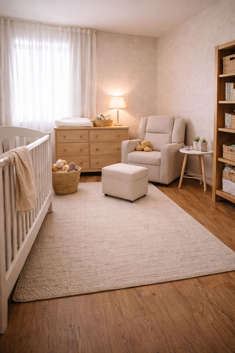Calm simplified nursery with open floor space and minimal furniture that supports daily baby routines