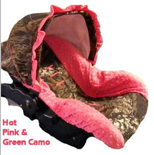 Mossy Oak Realtree Camo Baby Car Seat Cover with hot pink minky fabric for an infant girl