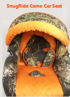 Mossy Oak and Realtree camouflage baby car seat with hunter blaze orange fabric cover accents