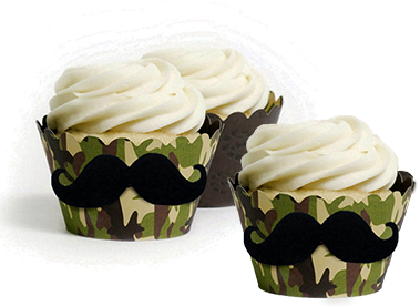 Camo baby shower cupcakes for boys with an added mustache theme camouflage liner