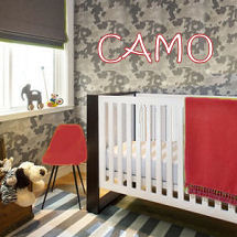 Baby boy nursery with camouflage nursery wallpaper red baby bedding and furniture
