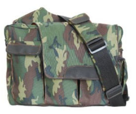 Camo baby diaper bag in green camouflage fabric with shoulder strap for dad