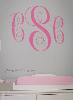 Caroline Claire's elegant pink monogram decal for her nursery wall