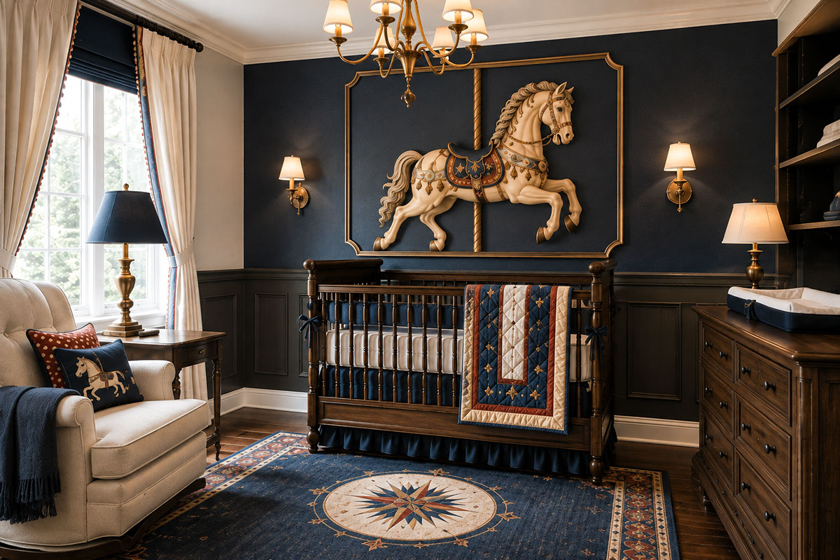 Carousel horse nursery for a baby boy with navy blue walls, painted carousel horse art, warm wood furniture and antique gold accents