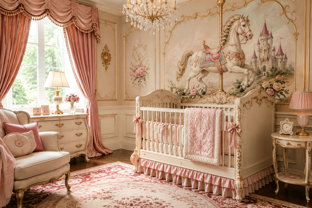 Carousel horse girl nursery with an elegant painted horse mural, berry pink accents, soft blue details and antique gold decor