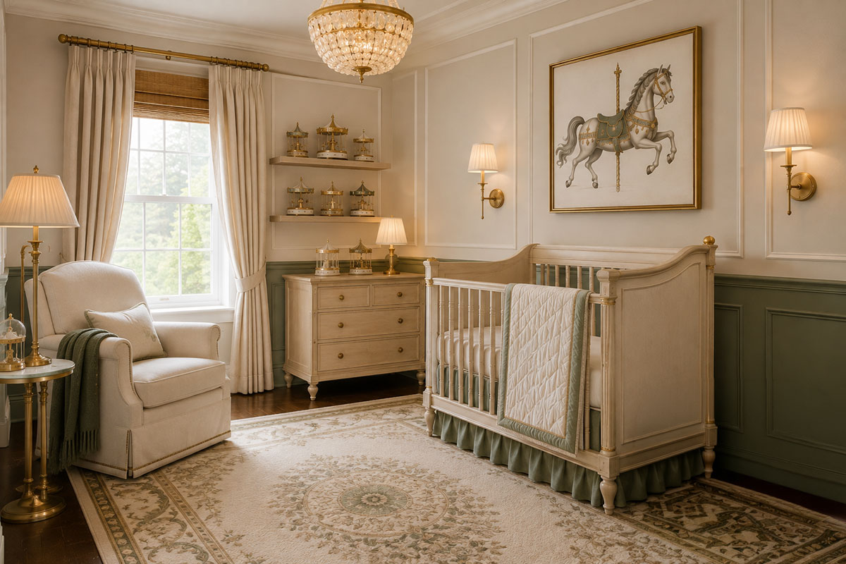 Elegant carousel horse nursery decor with framed horse art, collectible carousels, sage wall paneling, cream furniture and antique gold accents