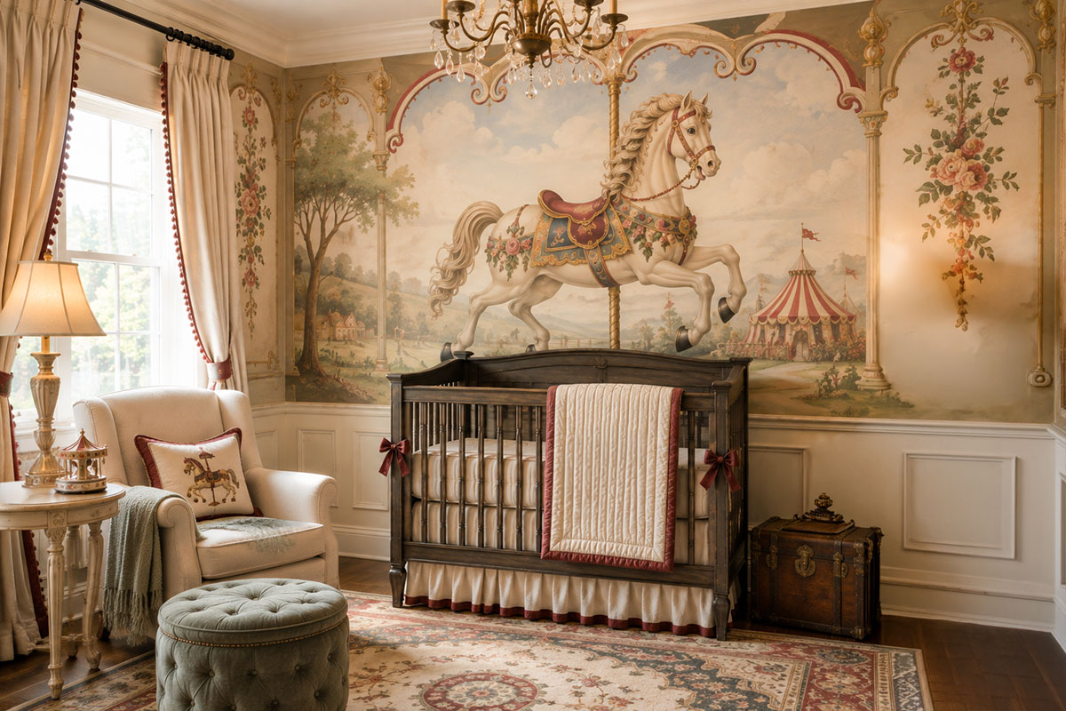 Carousel horse nursery mural with a large hand painted vintage horse, decorative gold details and softly patterned walls