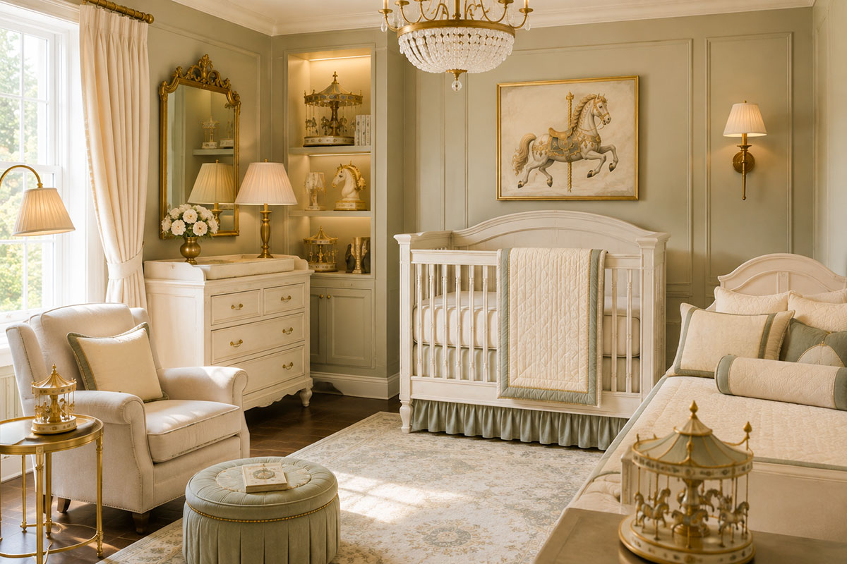 Vintage carousel horse bedroom designed to grow with baby using painted horse wall art, tailored furniture and removable decorative accents