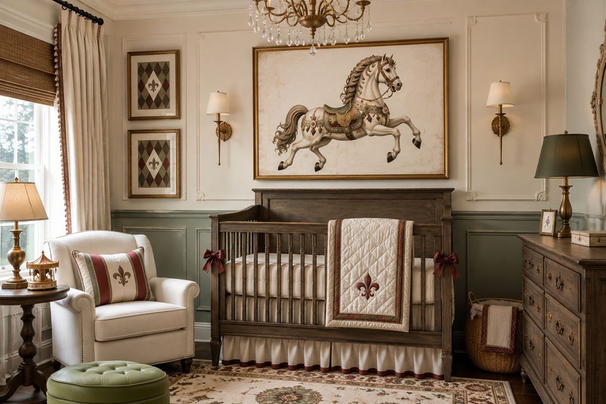Carousel horse nursery wall decor with a large painted horse artwork above decorative wall paneling and coordinating gold framed accents