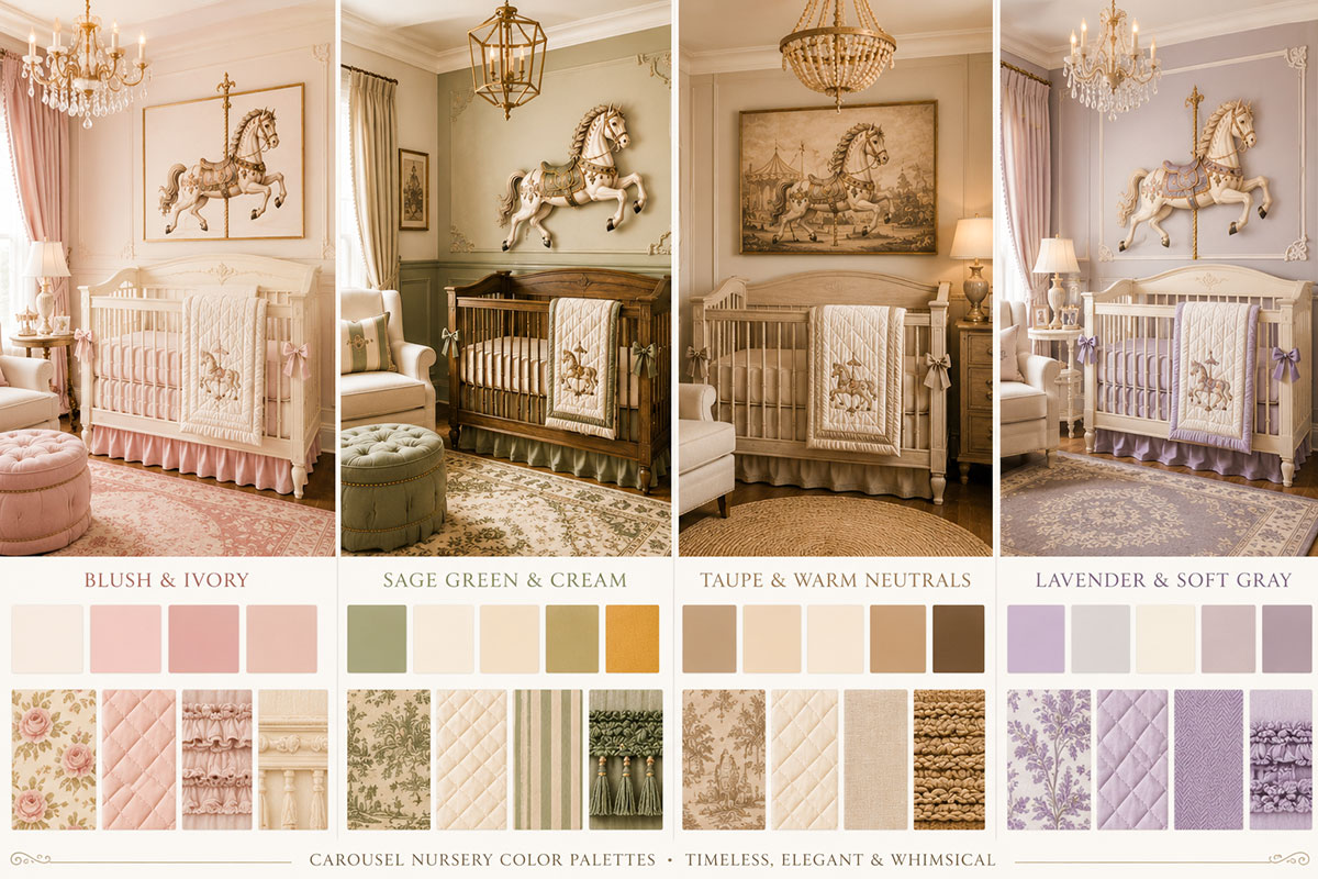Four carousel horse nursery color palettes in blush and ivory, sage green and cream, warm taupe neutrals, and lavender with soft gray