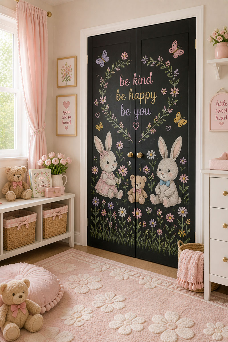 Chalkboard closet doors in nursery used as a drawing surface without taking wall space