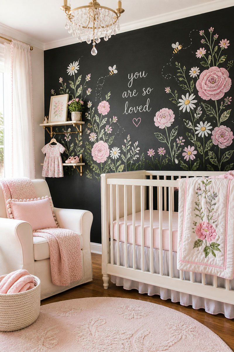 Modern chalkboard nursery wall ideas with a small chalkboard play corner in a baby room